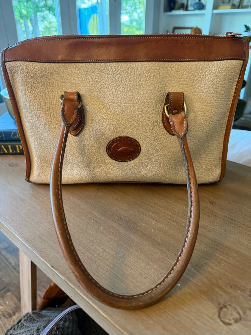 Leather-Trim Cream Tote Bag with Brown Accents